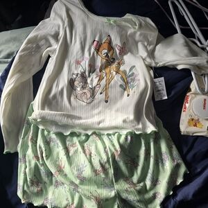 Bambi Graphic Long-Sleeve Pajama Set - Cream & Light Green